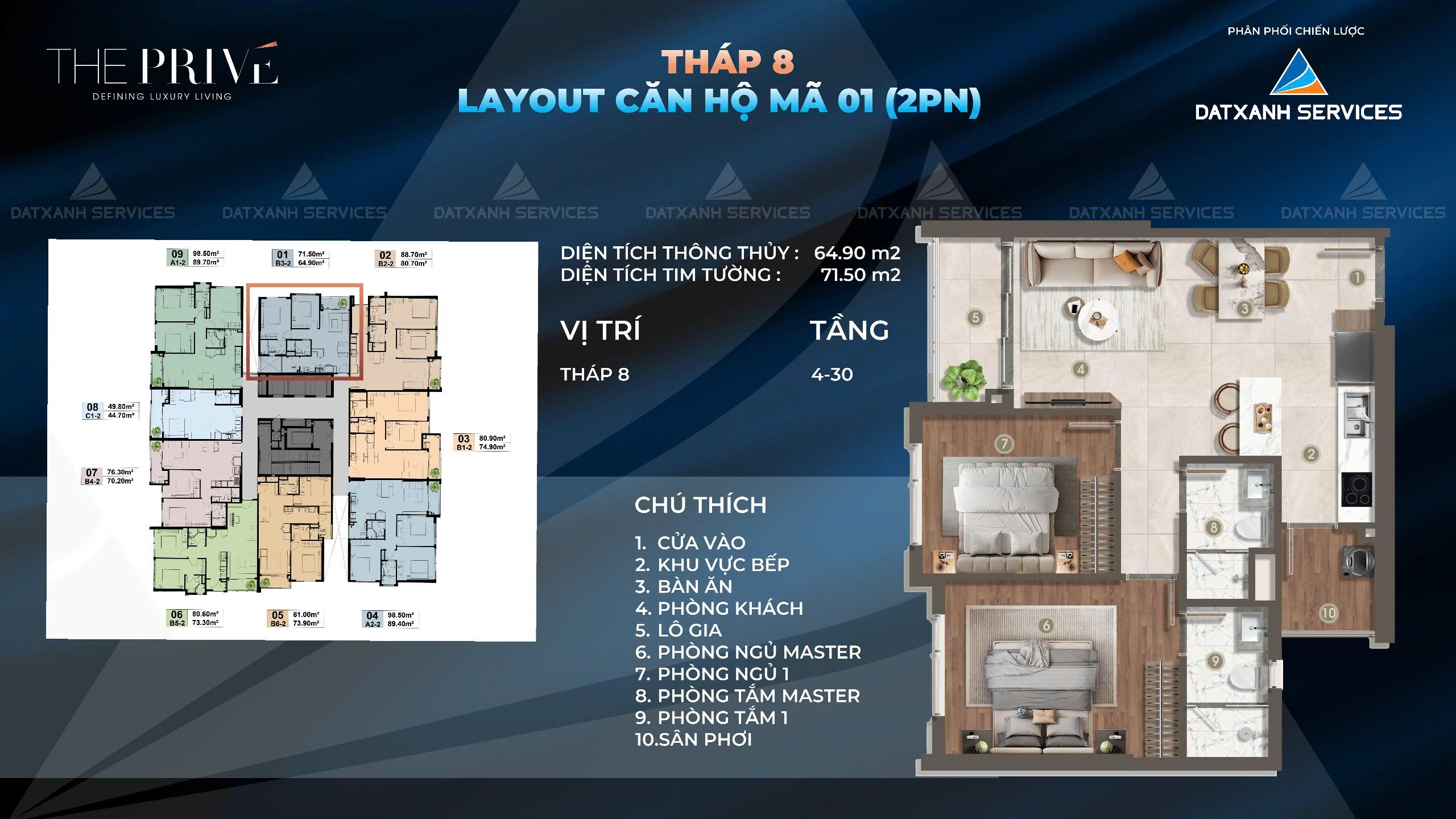 Mẫu căn hộ 2PN diện tích 71,50m2