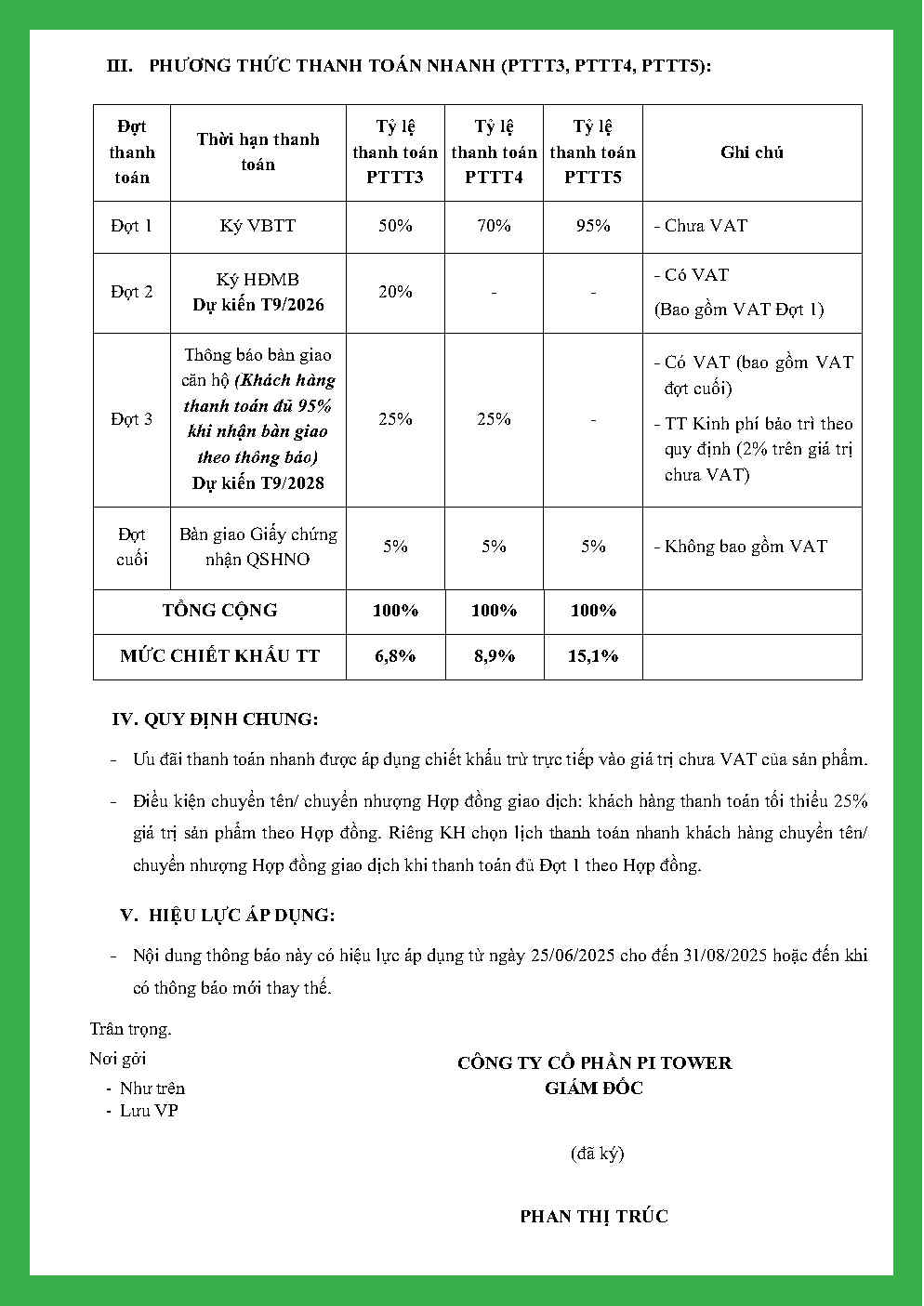 Chính sách thanh toán dự án SkyZen